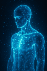 Ilustración conceptual del cuerpo humano emitiendo luz bioluminiscente