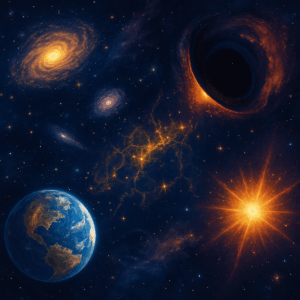 representación artística de galaxias y planetas