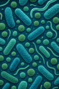 Representación del microbioma humano con bacterias simbióticas en el interior del cuerpo