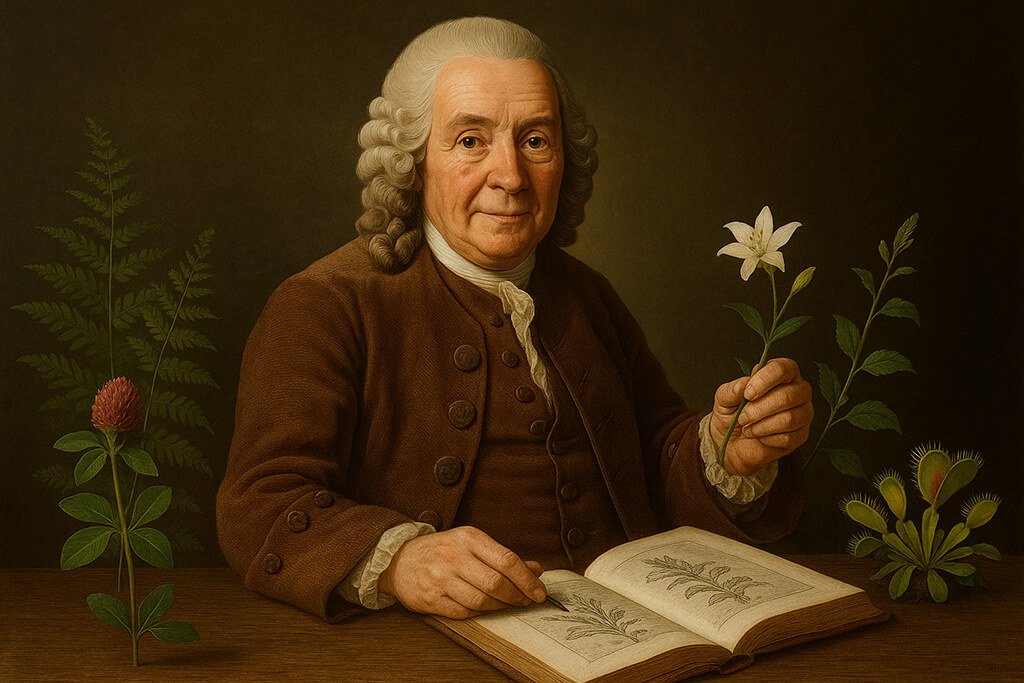 Retrato digital de Carl Linné con vestimenta del siglo XVIII, rodeado de plantas y animales catalogados, representando su contribución a la clasificación de las especies vivas.