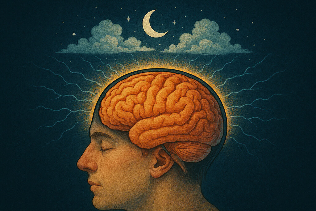 Ilustración de un cerebro humano activo durante el sueño, con una persona dormida de perfil, el cerebro iluminado en tonos cálidos y una escena onírica de luna, estrellas y nubes sobre su cabeza.