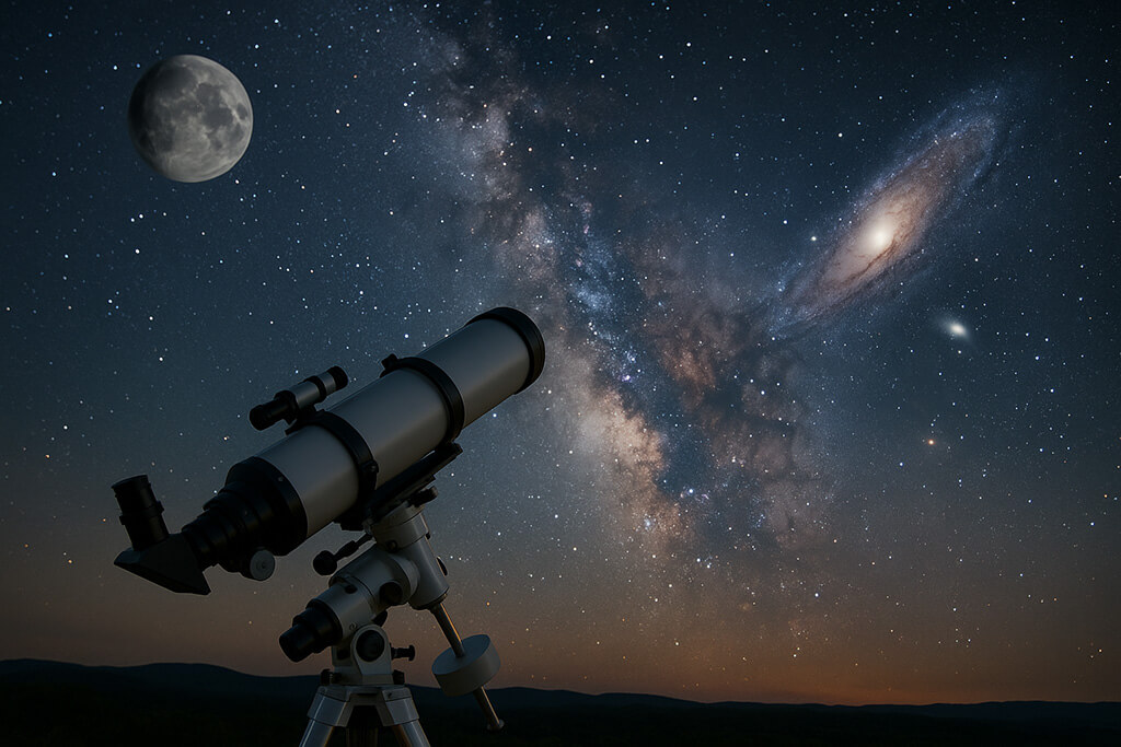 Fotografía de alta resolución de un telescopio astronómico apuntando al cielo estrellado desde una montaña, con la Vía Láctea visible al fondo.