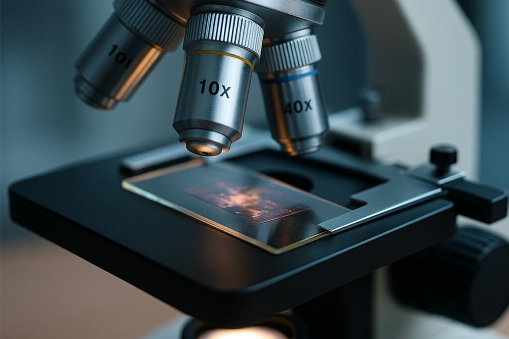Primer plano de un microscopio óptico compuesto moderno, con una muestra colocada en la platina y los objetivos enfocados, representando la capacidad del instrumento para revelar estructuras invisibles a simple vista.