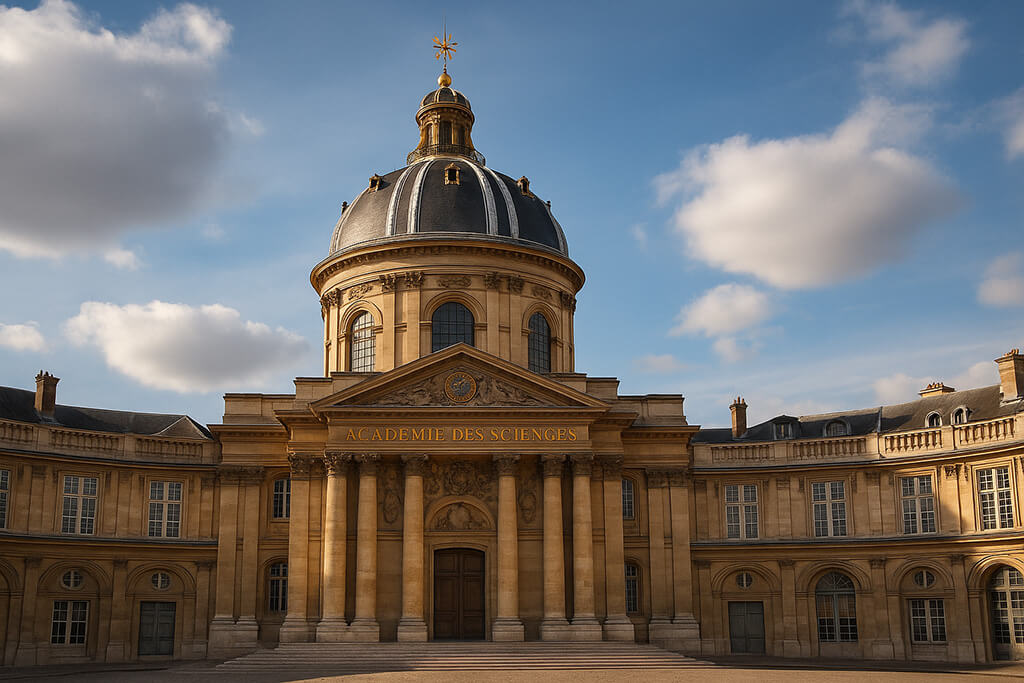 Fachada de la Academia de las Ciencias de París, un edificio clásico de piedra con columnas imponentes, esculturas decorativas y una cúpula central, bajo un cielo parcialmente nublado.