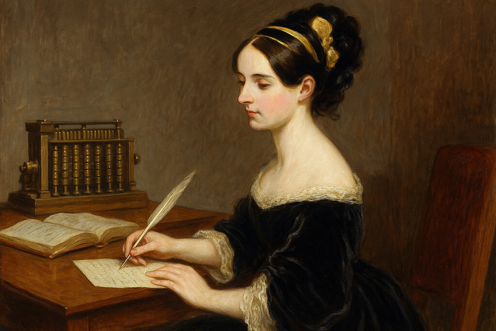 Retrato al estilo de pintura al óleo tradicional de Ada Lovelace, una mujer del siglo XIX con vestido victoriano, sentada frente a una mesa con papeles, plumas y una máquina analítica de fondo.