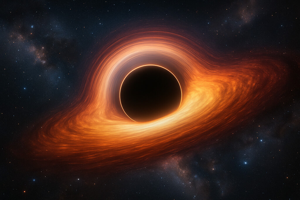 Representación digital de un agujero negro supermasivo en el centro de una galaxia, con chorros de materia y luz siendo absorbidos.