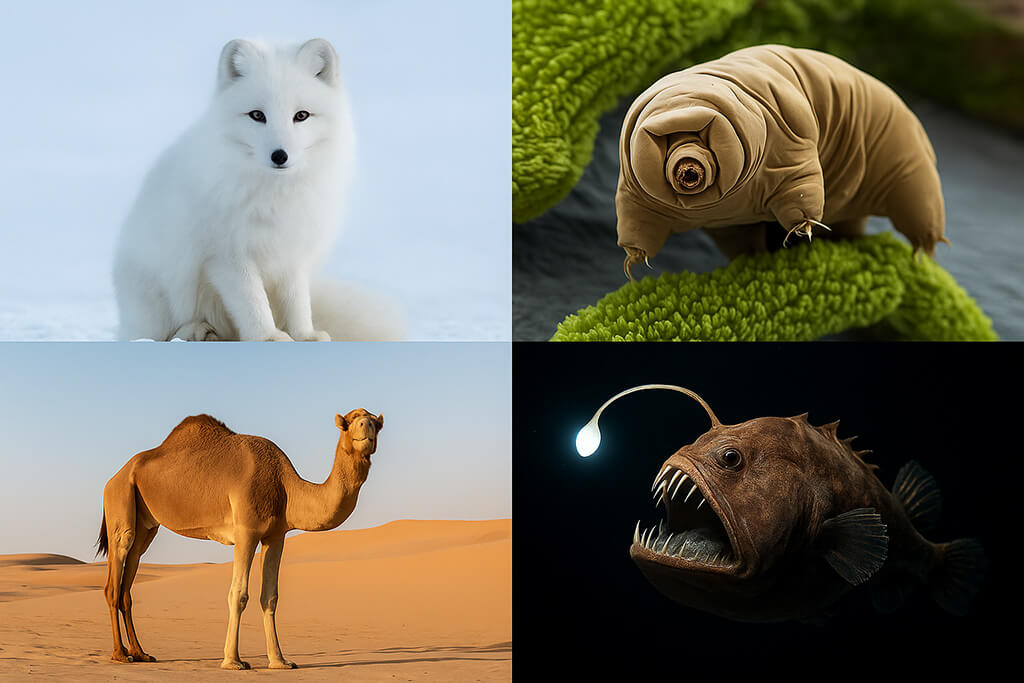 imagen dividida en cuatro cuadrantes donde se muestran a cuatro animales que viven en condiciones extremas