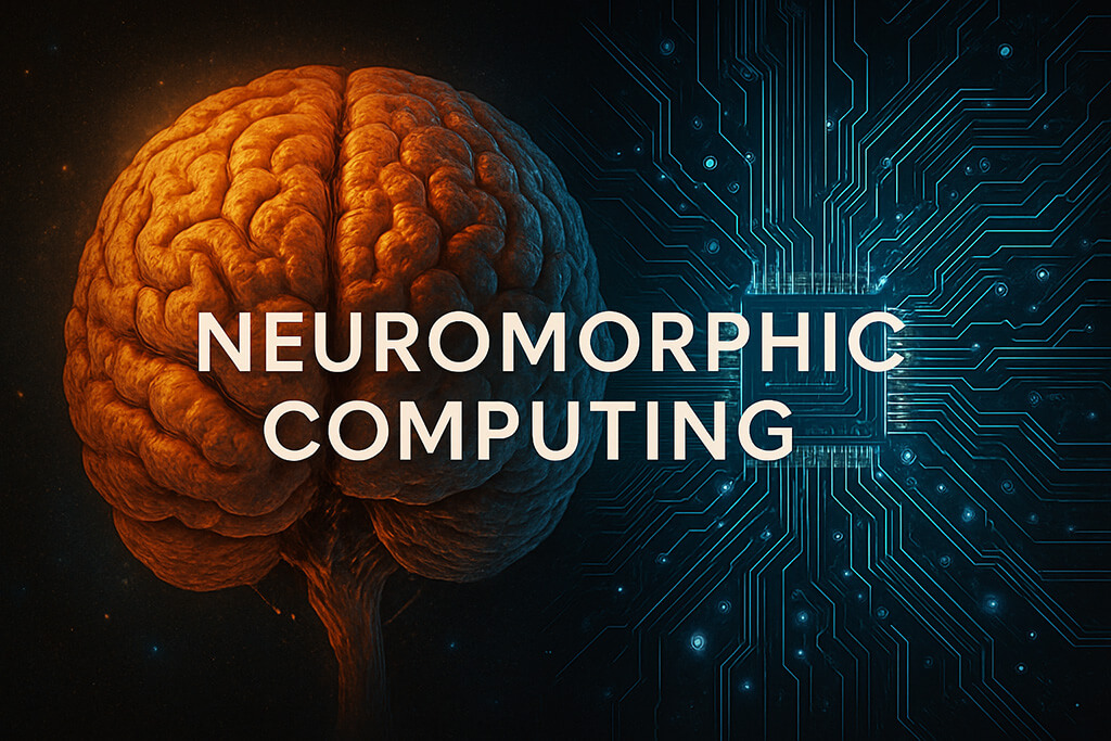 Imagen conceptual de un cerebro humano fusionado con un circuito electrónico, representando la inspiración neurológica de la computación neuromórfica.