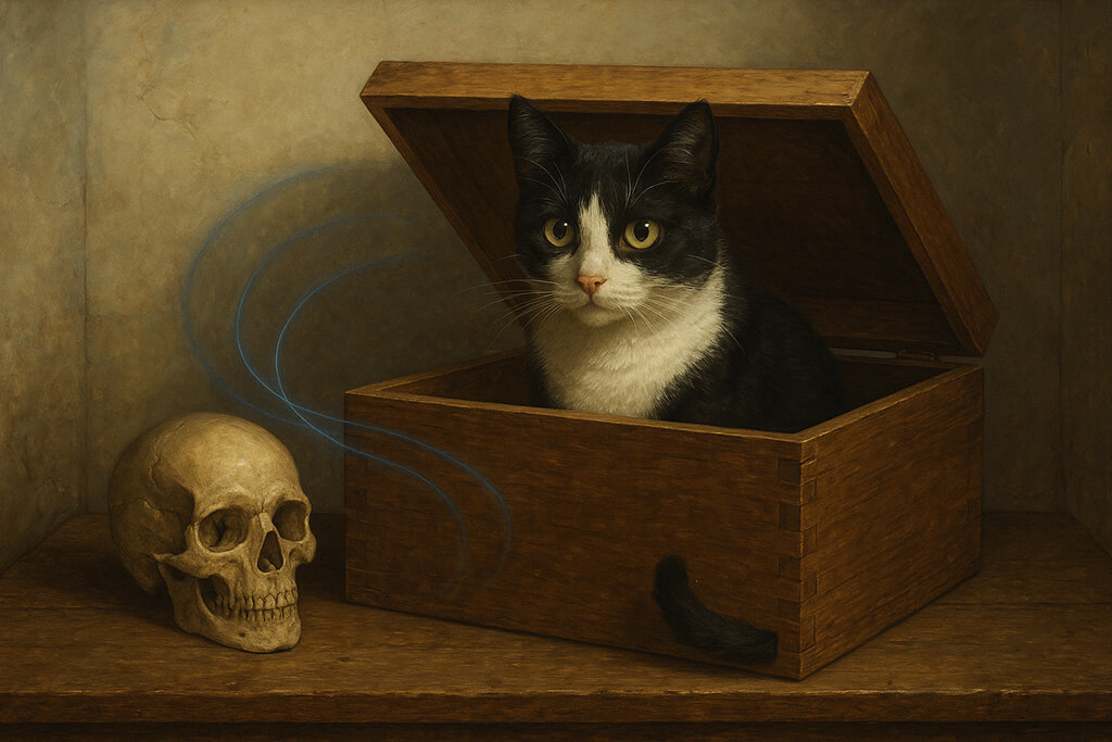 Pintura de estilo realista que representa a un gato en una caja , simbolizando el famoso experimento mental de la física cuántica conocido como el gato de Schrödinger