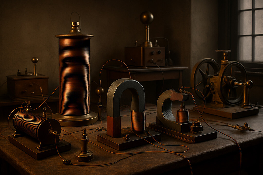 Ilustración realista de un laboratorio del siglo XIX con bobinas, imanes y experimentos eléctricos que representan el estudio del electromagnetismo.