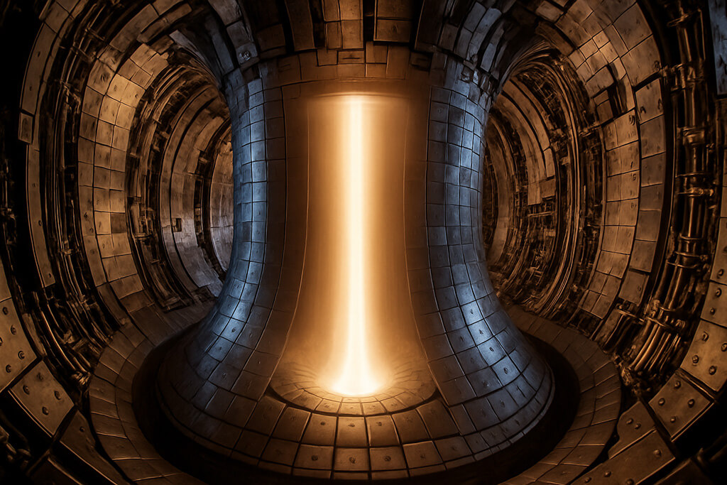 Fotografía en alta resolución que muestra el interior iluminado de un reactor de fusión nuclear, con bobinas magnéticas visibles y un resplandor azul brillante que emana del plasma contenido, simbolizando la tecnología avanzada y el potencial energético de la energía de fusión.