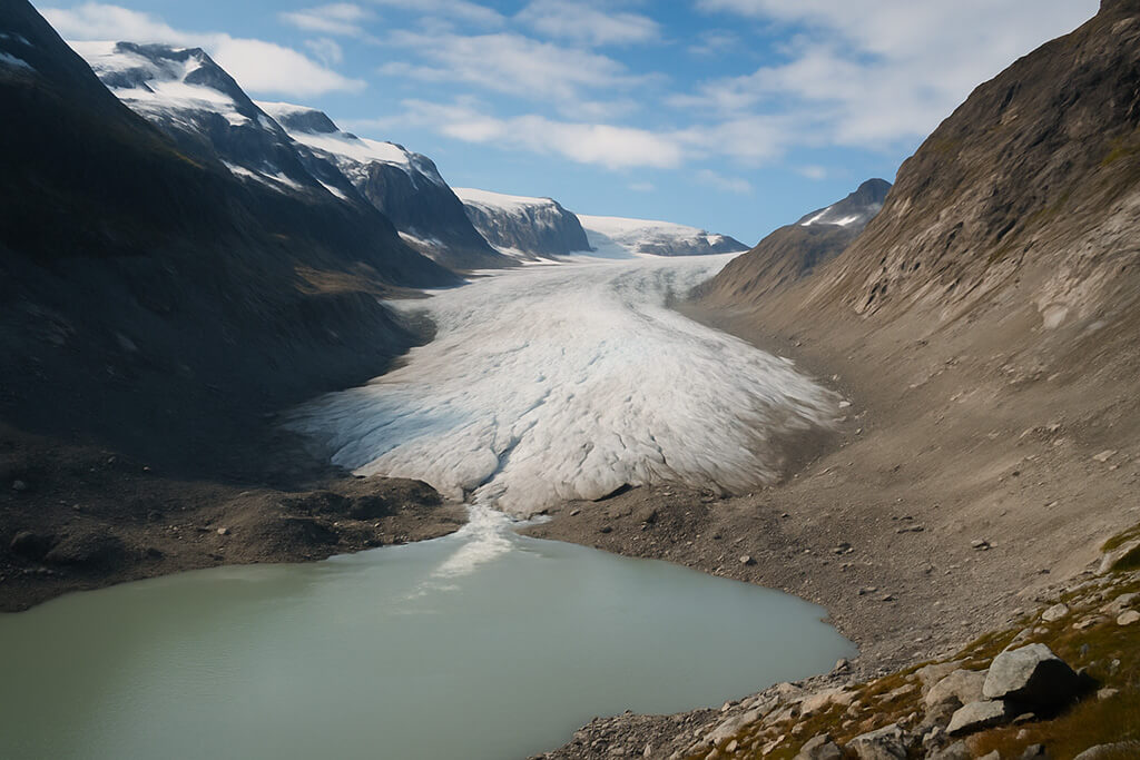 Glaciar alpino en retroceso rodeado de montañas, con evidencias visibles del deshielo y formaciones rocosas expuestas, representando el impacto del calentamiento global.