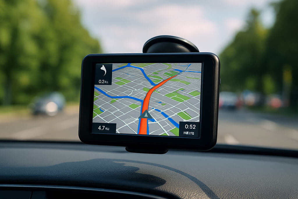 Dispositivo de navegación GPS montado en el salpicadero de un coche, mostrando un mapa digital en la pantalla con una ruta trazada, mientras se conduce por una carretera durante el día.