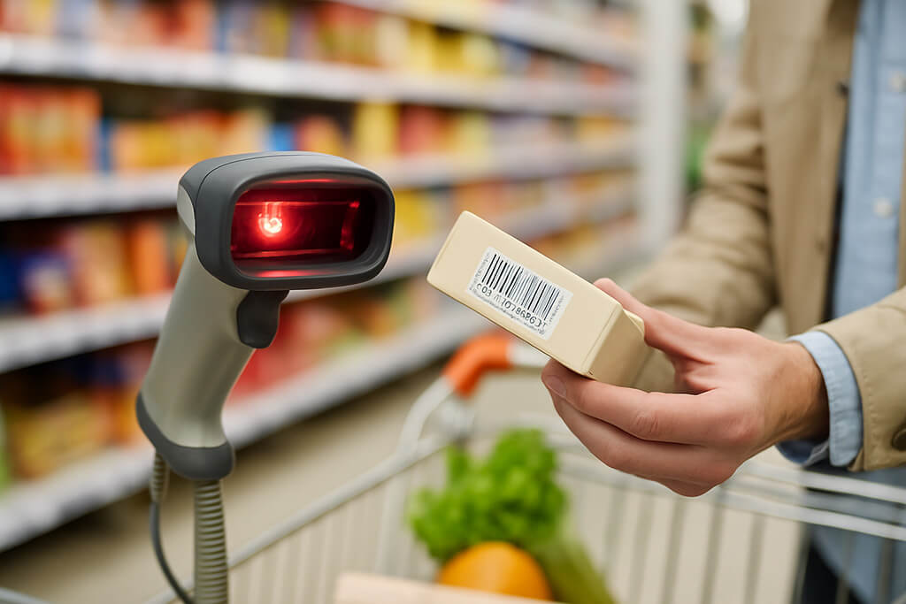 Fotografía de un lector de códigos de barras escaneando productos en una caja de supermercado, representando la automatización del comercio.