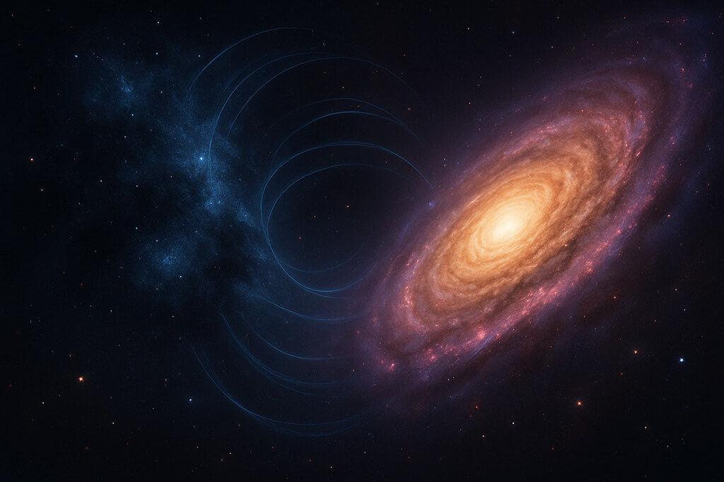 Ilustración digital del espacio exterior que muestra una galaxia espiral rodeada por halos oscuros y estructuras cósmicas, representando los conceptos de materia oscura y energía oscura.