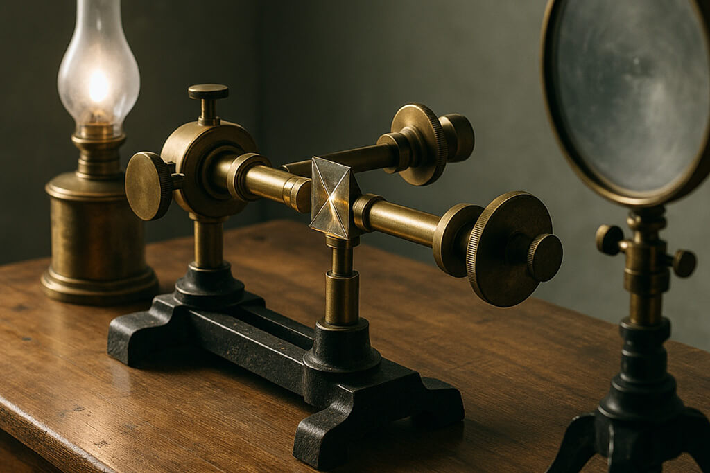 Fotografía muestra una recreación realista del experimento de Michelson y Morley., en un entorno de laboratorio del siglo XIX.
