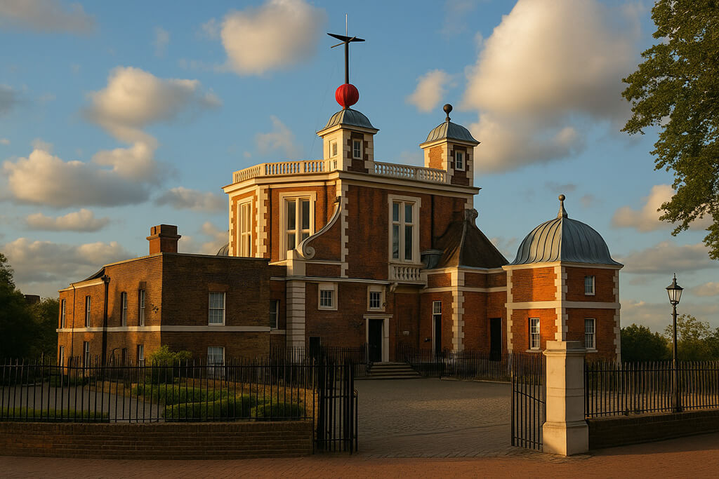 Vista panorámica del histórico Observatorio de Greenwich en Londres con su icónica cúpula astronómica, rodeado de árboles y cielo despejado.