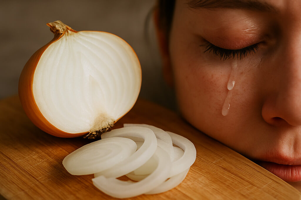 rostro llorando al lado de una cebolla