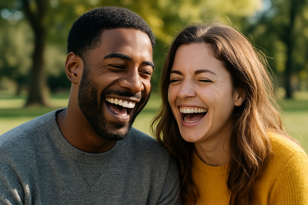 una pareja riendo espontaneamente