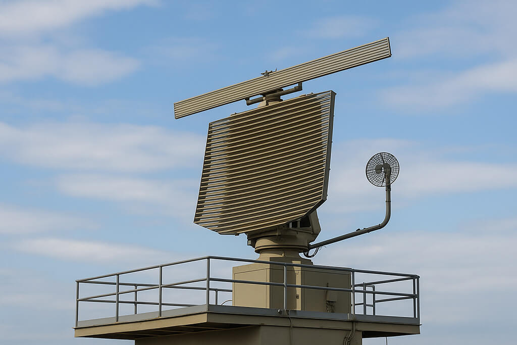 magen digital de alta resolución tomada durante la Segunda Guerra Mundial que muestra una estación de radar costera en funcionamiento. Se observa una gran antena giratoria montada sobre una estructura metálica frente al mar,