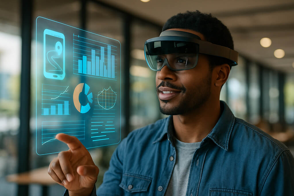 Un joven con gafas de realidad aumentada interactúa con hologramas digitales