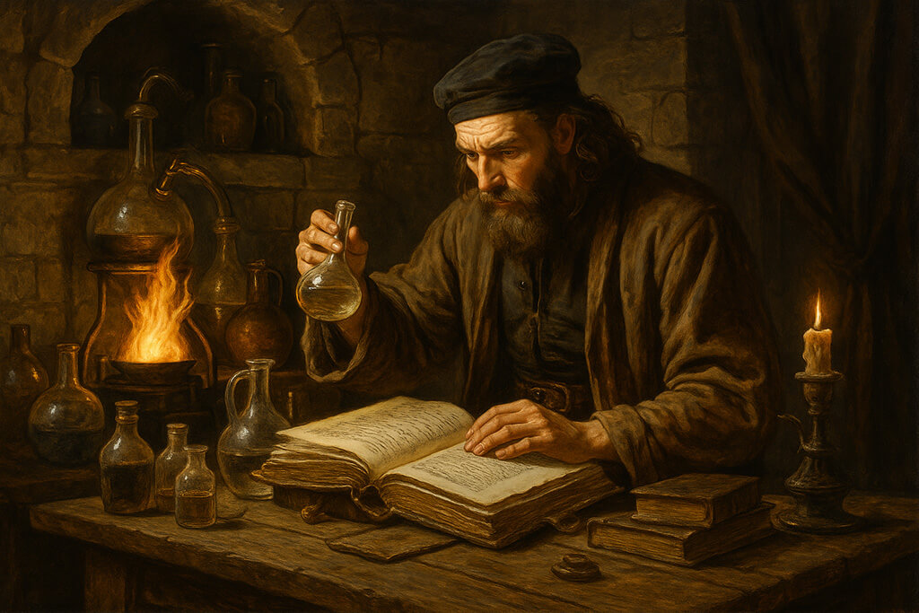 muestra un laboratorio de alquimia medieval. Se observan frascos de vidrio, matraces, libros antiguos y un alquimista concentrado en su trabajo bajo la luz cálida de una vela. El entorno está lleno de detalles que evocan la atmósfera de una época donde ciencia y misticismo se entrelazaban.