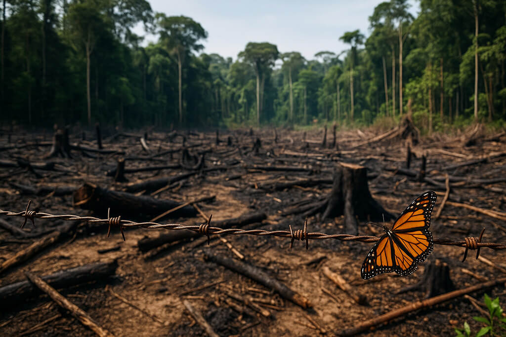 Fotografía que muestra una sección de selva tropical dañada: árboles talados, vegetación devastada, simbolizando la pérdida de biodiversidad.