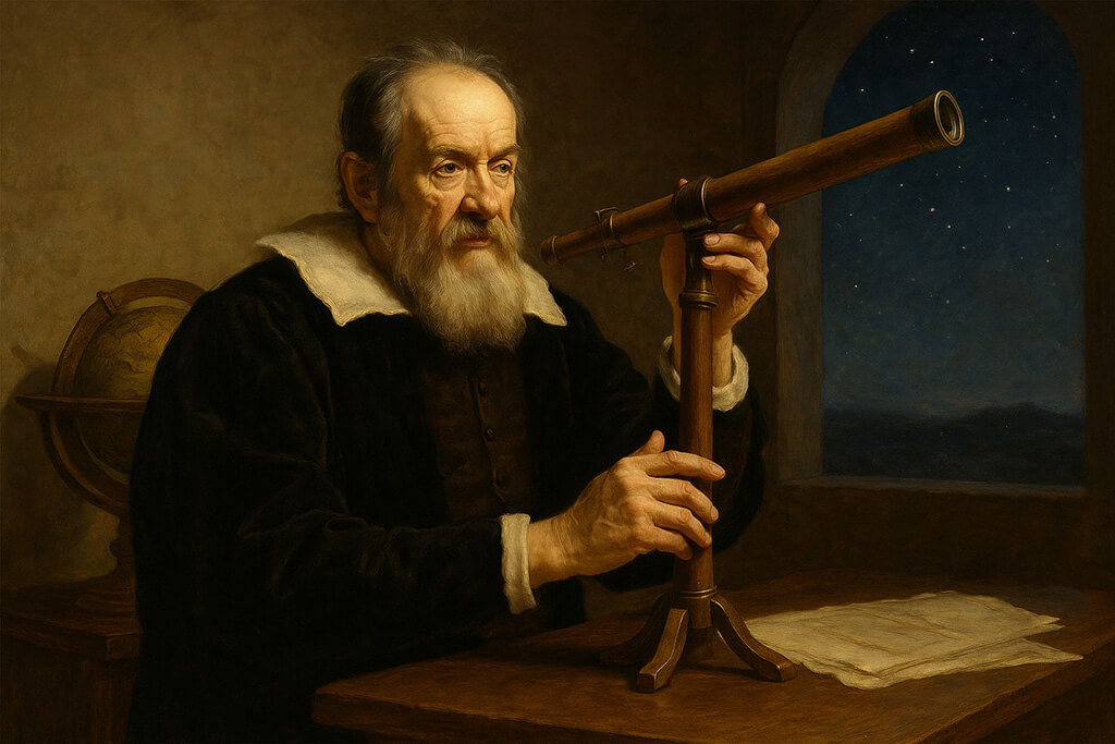 Retrato realista de Galileo Galilei en su estudio, observando un manuscrito antiguo junto a su telescopio
