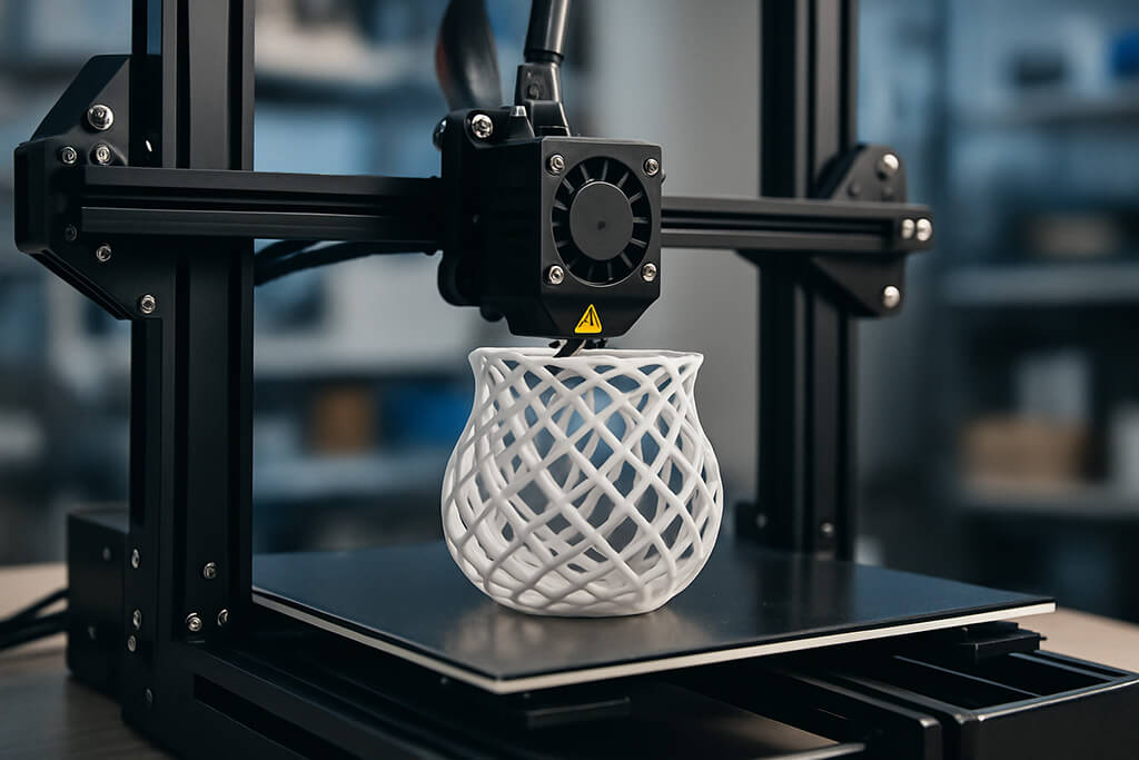 impresora 3D imprimiendo un objeto de plástico sobre una plataforma metálica