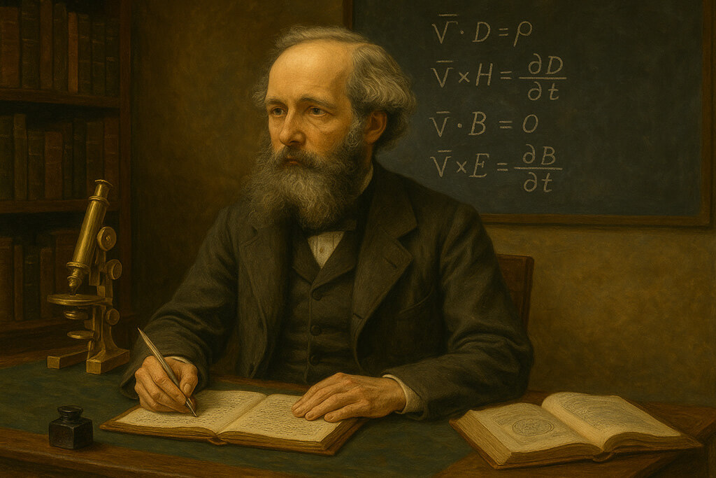 Retrato realista al óleo de James Clerk Maxwell en un entorno académico del siglo XIX, con pizarras, instrumentos científicos y ecuaciones