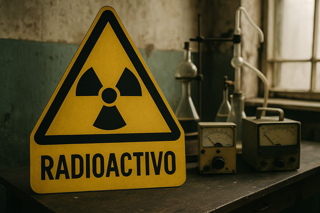 Fotografía de una señal de peligro nuclear prominente sobre un fondo oscuro, representando visualmente el concepto de radioactividad como una fuerza invisible.