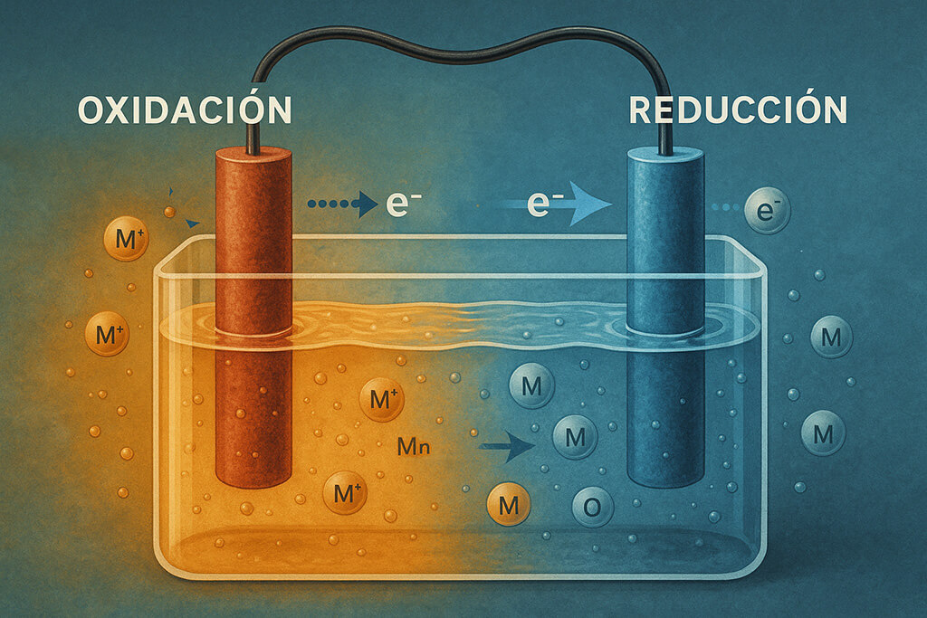 Ilustración científica en alta resolución que muestra una reacción redox, con una representación simbólica del intercambio de electrones entre átomos, diferenciando claramente el agente oxidante del agente reductor mediante flechas y colores contrastados.