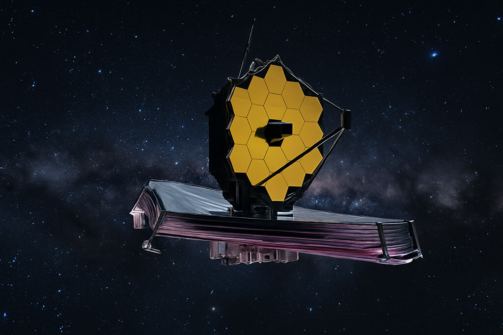 Fotografía digital de alta resolución que muestra el telescopio espacial James Webb en el espacio, con su característico espejo dorado hexagonal desplegado y el fondo del universo estrellado detrás.