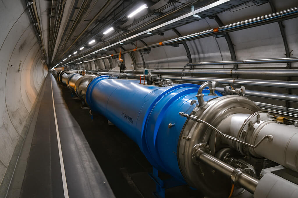 acelerador de partículas del CERN, con un imán azul cilíndrico rodeado de tuberías metálicas y luces fluorescentes