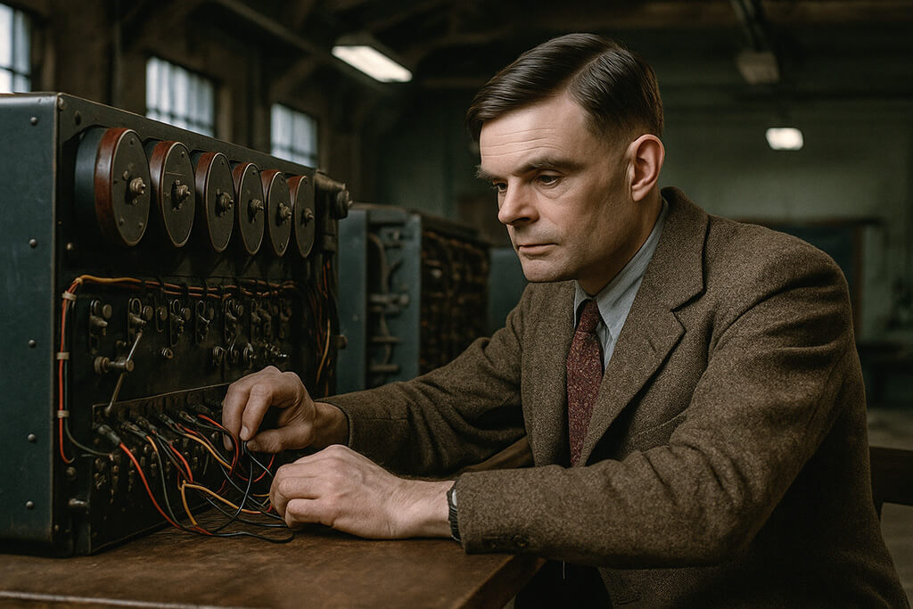 Representación realista de Alan Turing trabajando en la máquina Bombe durante la Segunda Guerra Mundial.