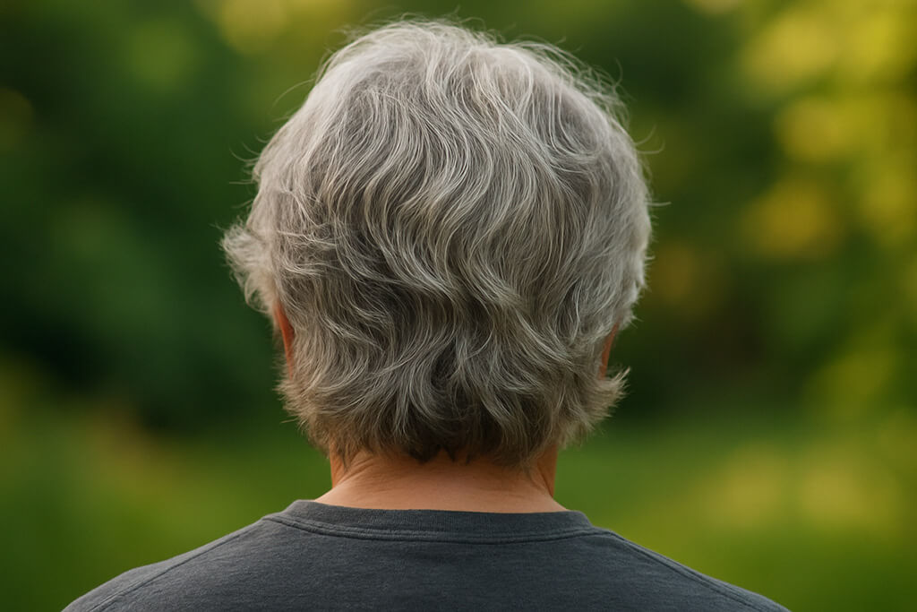 Primer plano de cabello entrecano en luz natural, símbolo del envejecimiento humano.