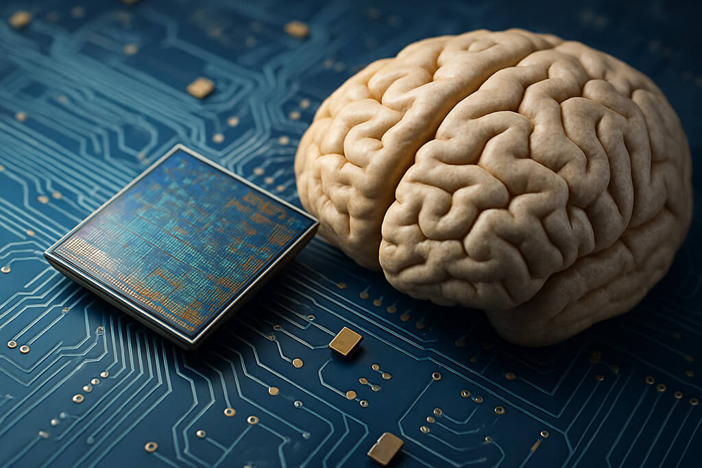 Primer plano de un chip neuromórfico sobre una placa de circuito azul, junto a una maqueta detallada de un cerebro humano, simbolizando la conexión entre biología e inteligencia artificial.