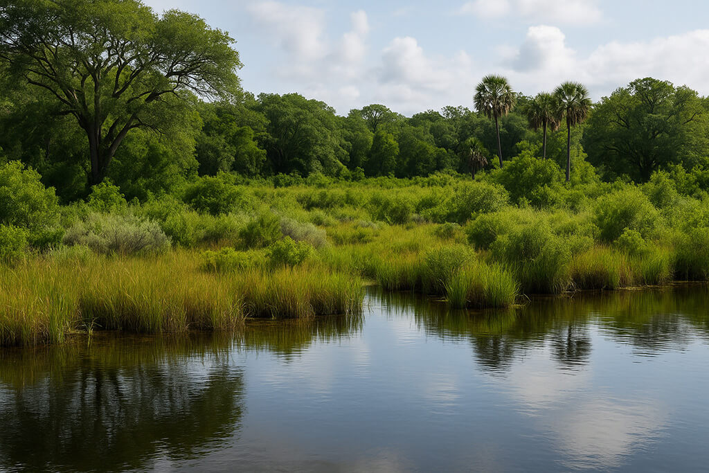 Humedal sereno con vegetación frondosa, reflejos en el agua tranquila y palmeras en el horizonte, simbolizando el equilibrio natural de un ecosistema.