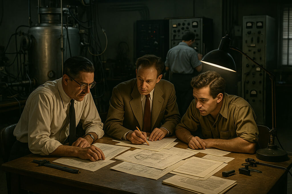 Representación realista de científicos del proyecto Manhattan en un laboratorio histórico.