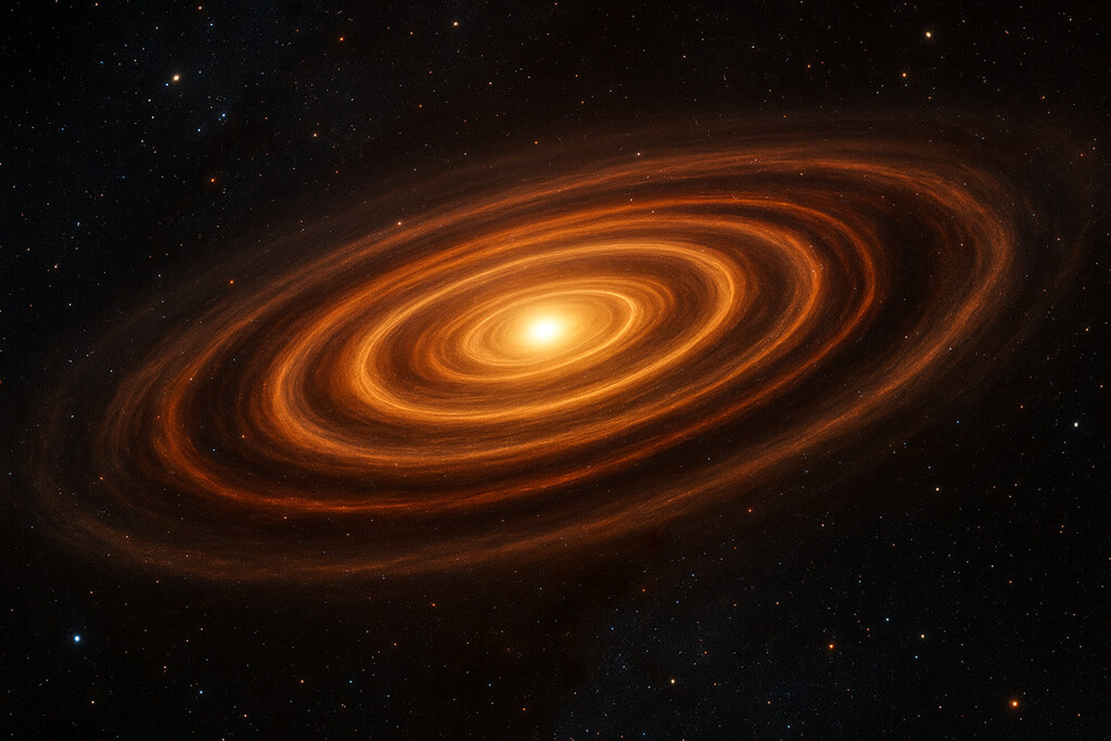 Disco protoplanetario luminoso y anaranjado girando alrededor de una joven estrella en formación, representando el nacimiento de un sistema solar.