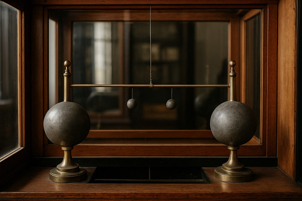 Fotografía de un aparato científico antiguo, una balanza de torsión con esferas de plomo, utilizada por Henry Cavendish para medir la gravedad terrestre en el siglo XVIII.