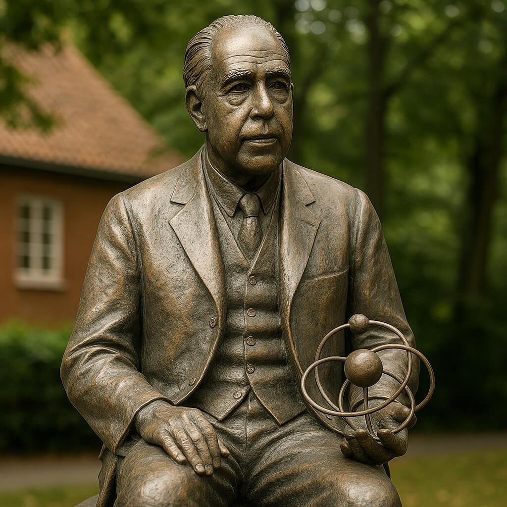 estatua de bronce de Niels Bohr en un parque, mostrando al físico sentado con un modelo atómico en la mano, símbolo de su legado científico.