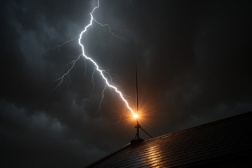 Representación realista de un pararrayos desviando un rayo durante una tormenta eléctrica.